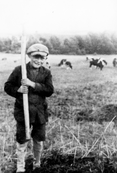 Rok i miejsce wykonania: 1943 r., Rumienica, gm. Lubawa, pow. iławski, woj. warmińsko-mazurskie.

Fotografia przedstawia około ośmioletniego chłopca stojącego w polu. Ubrany jest w przydługą marynarkę, ciemne spodnie do kolan, długie skarpety, kończące się powyżej kolan, i kaszkiet na głowie. Uśmiecha się do fotografa. Chłopiec w obu drobnych dłoniach trzyma drąg, wsparty na ramieniu. W tle widać pasące się na łące łaciate, biało-czarne krowy. Za łąką rozpoczyna się las. Według nadawczyni zdjęcia przedstawia ono brata jej matki, pracującego przy rozrzucaniu obornika, zatem trzymany drąg to zapewne łopata, a ciemniejszy wzgórek widoczny u stóp chłopca jest prawdopodobnie obornikiem.

Autor zdjęcia: nieznany.

Zdjęcie ze zbiorów prywatnych, nadesłała: Agnieszka Limańska z Rybna, pow. działdowski, woj. warmińsko-mazurskie.

Nr kat. 117-14