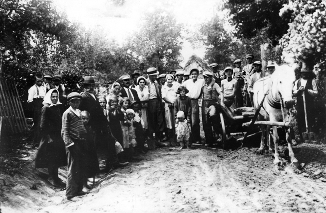 Rok i miejsce wykonania: 1933-34 r., Markowa, gm. Markowa, pow. łańcucki, woj. podkarpackie.

Fotografia przedstawia dużą grupę ludzi wraz z dziećmi, którzy stoją w półkolu na wiejskiej drodze. Po prawej stronie drogi widoczny jest koń, zaprzężony do wozu z drewnianymi kołami. Większość mężczyzn w codziennych ubraniach, kilku w bardziej odświętnych, większość nosi kaszkiety, a jedynie dwóch ma na głowach kapelusze. Kobiety są w sukniach – starsze w ciemniejszych (i w chustkach na głowach, zawiązanych pod brodami), młodsze w jaśniejszych strojach, bez nakryć głowy. W tle bujna zieleń i zabudowa wiejska. Na odwrocie zdjęcia napis: „R. 1933-34 Budowa drogi we wsi Markowa (dawniej w pow. przeworskim woj. rzeszowskim) obecnie woj. przemyskie” (pisownia oryginalna).

Autor zdjęcia: nieznany.

Zdjęcie ze zbiorów prywatnych, nadesłała: Ewa Babuchowska z Katowic, woj. śląskie.

Nr kat. 140-2