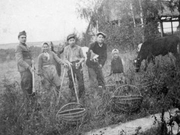 Rok i miejsce wykonania: brak danych.

Fotografia przedstawia cztery osoby i małą dziewczynkę w czasie kopania ziemniaków. Z lewej strony stoi młody mężczyzna w furażerce i mundurze, z motyką w ręce. Dalej widoczni: młoda kobieta w stroju roboczym, w chustce zawiązanej pod brodą, a także dwóch młodych mężczyzn w strojach roboczych i kaszkietach na głowie. Obok nich stoi mała dziewczynka w sukience, ciepłej kamizelce i w chusteczce na głowie. Na pierwszym planie widać dwa duże, plecione kosze stojące przy ścieżce. Na drugim planie widoczne jeszcze jedno dziecko – nastolatek z rękami uniesionymi do góry. Nieco w tyle, z prawej strony zdjęcia – pasące się krowy. W tle widać zabudowania gospodarcze, zagajnik brzozowy, łąki.

Autor zdjęcia: nieznany.

Zdjęcie ze zbiorów prywatnych, nadesłał: Piotr Rudnicki z Nowej Soli, pow. nowosolski, woj. lubuskie.

Nr kat. 232-33