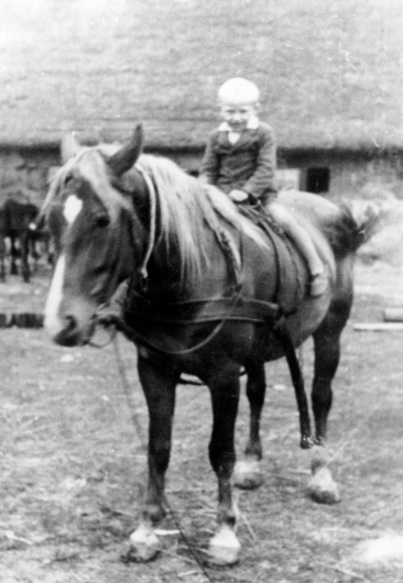 Rok i miejsce wykonania: 1943 r., Rumienica, gm. Lubawa, pow. iławski, woj. warmińsko-mazurskie.

Fotografia przedstawia około sześcioletniego chłopca siedzącego okrakiem na koniu. Zdjęcie wykonane zostało na tle zabudowań gospodarczych krytych strzechą. Według właścicielki zdjęcia przedstawia ono gospodarstwo rodziców jej matki.

Autor zdjęcia: nieznany.

Zdjęcie ze zbiorów prywatnych, nadesłała: Agnieszka Limańska z Rybna, pow. działdowski, woj. warmińsko-mazurskie.

Nr kat. 117-1