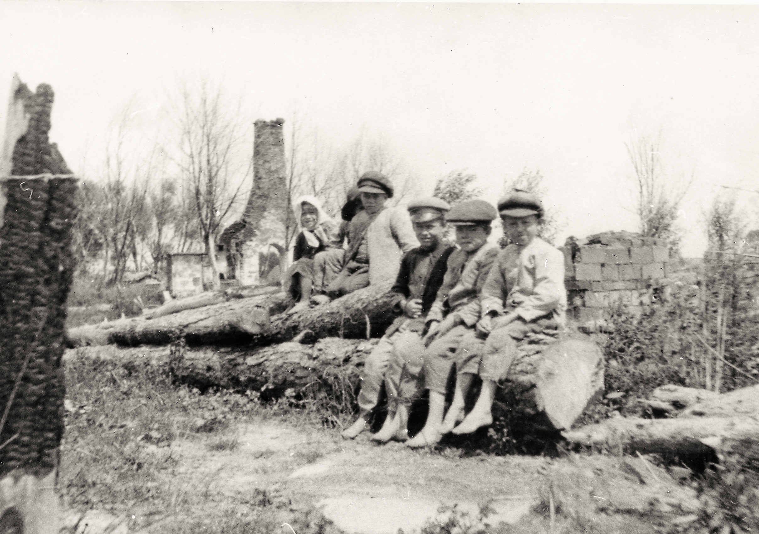 Rok i miejsce wykonania: okres I wojny światowej, okolice Równego, obwód rówieński, Wołyń, obecnie Ukraina.

Fotografia przedstawia grupkę sześciorga dzieci – pięciu chłopców i dziewczynkę – siedzących na długim ściętym pniu drzewa, pośród ruin spalonego domostwa. Dzieci ubrane są skromnie, w złachmanioną odzież, nie mają obuwia. Chłopcy na głowach noszą czapki z daszkiem (maciejówki), a dziewczynka ma białą chustę, a dziecko chowające się za plecami kolegi – kapelusz. U spodu oryginału zdjęcia napis w języku niemieckim: „Polnische Kinder”. Z informacji dołączonych przez nadawcę fotografii wynika, że przedstawia ono dzieci na tle spalonej polskiej wsi, a wykonano je na terenach zamieszkanych głównie przez ludność polską i ukraińską.

Autor zdjęcia: Mikołaj Bogdanowicz, ojciec nadawcy (więcej informacji o autorze zdjęcia zob. opis fotografii 233A-187).

Zdjęcie ze zbiorów prywatnych, nadesłał: Stanisław Bogdanowicz z Otwocka, pow. otwocki, woj. mazowieckie.

Nr kat. 233A-32