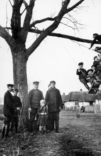 Rok i miejsce wykonania: okres I wojny światowej, wieś Nowosiółka k. Skałatu, pow. Podhajce, obwód tarnopolski, Podole, obecnie Ukraina.

Fotografia przedstawia kilkuosobową grupę dzieci siedzących na rozbujanej huśtawce. Jej konstrukcja składa się z długiej, szerokiej deski, z umieszczonymi po obu stronach łańcuchami, które przerzucone są przez drąg umocowany między konarami dwóch stojących obok siebie drzew (zdjęcie obejmuje połowę tej konstrukcji). Dzieci siedzą na desce w głównej części huśtawki, a na jej krańcach stoi dwóch mężczyzn, którzy przenosząc ciężar swoich ciał wprawiają huśtawkę w horyzontalny ruch. Pod ogołoconym z liści drzewem stoją: czterej mężczyźni, nastoletni chłopiec oraz kilkuletnia dziewczynka w chustce na głowie. W tle widać drewniane zabudowania wiejskie, pobielone domy kryte strzechą oraz dwie oddalone postaci.

Zdjęcie wykonano we wsi, w której doszło do zbrodni wołyńskiej.

Autor zdjęcia: Mikołaj Bogdanowicz, ojciec nadawcy (więcej informacji o autorze zdjęcia zob. opis fotografii 233A-187).

Zdjęcie ze zbiorów prywatnych, nadesłał: Stanisław Bogdanowicz z Otwocka, pow. otwocki, woj. mazowieckie.

Nr kat. 233A-200