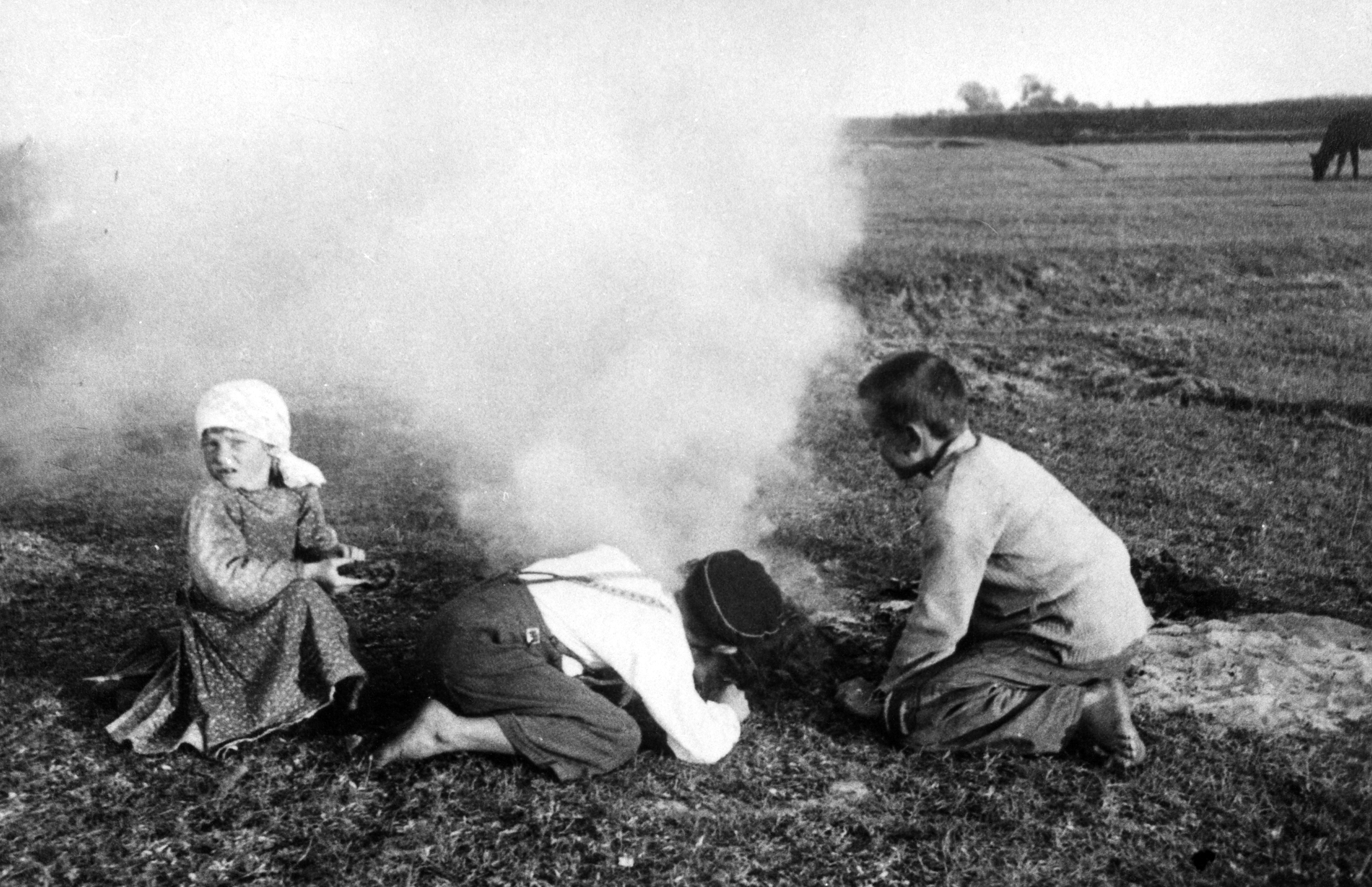 Rok i miejsce wykonania: 1936 r., okolice Łowicza, pow. łowicki, woj. łódzkie.

Fotografia przedstawia trójkę dzieci pochylonych nad rozpalanym na pastwisku ogniskiem. Dziewczynka, zwrócona twarzą w stronę obiektywu, ma około pięciu lat. Jest ubrana w sukienkę i białą chustkę zawiązaną z tyłu głowy. Towarzyszący jej chłopcy są nieco starsi, klęczą tyłem do fotografa i dmuchają w ledwo tlący się ogień, przy czym wzniecają kłęby dymu. Dzieci są bosonogie. Prawdopodobnie robią sobie przerwę w wypasie zwierząt. W oddali widoczna krowa skubiąca trawę.

Autor zdjęcia: Ryszard Bratkowski, ojciec nadawcy.

Zdjęcie ze zbiorów prywatnych, nadesłał: Jerzy Bratkowski z Łodzi, woj. łódzkie.

Nr kat. 307-2