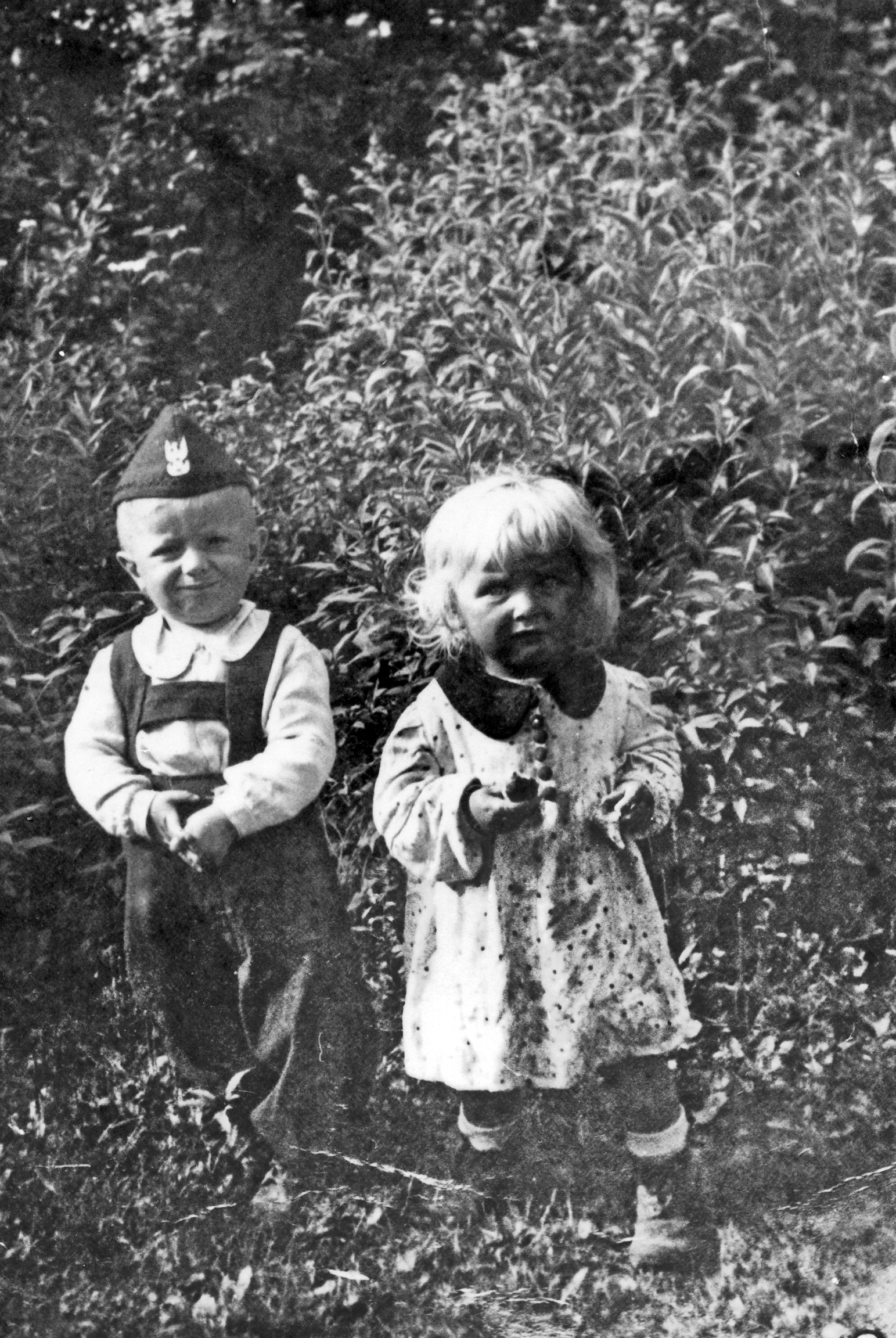 Rok i miejsce wykonania: 1946 r., Śniatowa, gm. Parzęczew, pow. zgierski, woj. łódzkie.

Fotografia przedstawia dwójkę małych, około dwuletnich dzieci, stojących w ogrodzie na tle wysokich krzewów. Jasnowłosa dziewczynka ubrana jest w pastelową sukienkę z ciemnym kołnierzykiem, a chłopiec w spodnie na szelkach, biała bluzeczkę i furażerkę z orzełkiem.

Według nadawczyni zdjęcia zostało ono wykonane w maju 1946 r., prawdopodobnie w niedzielę, i przedstawia jej najstarszą siostrę Janinę G., która po mężu przyjęła takie samo nazwisko jak jej panieńskie, zbieżność była przypadkowa) oraz ich kuzyna Stanisława Dębskiego.

Autor zdjęcia: Stanisław Celma ze wsi Śniatowa.

Zdjęcie ze zbiorów prywatnych, nadesłała: Krystyna Graczyk ze Zgierza, pow. zgierski, woj. łódzkie.

Nr kat. 306-18